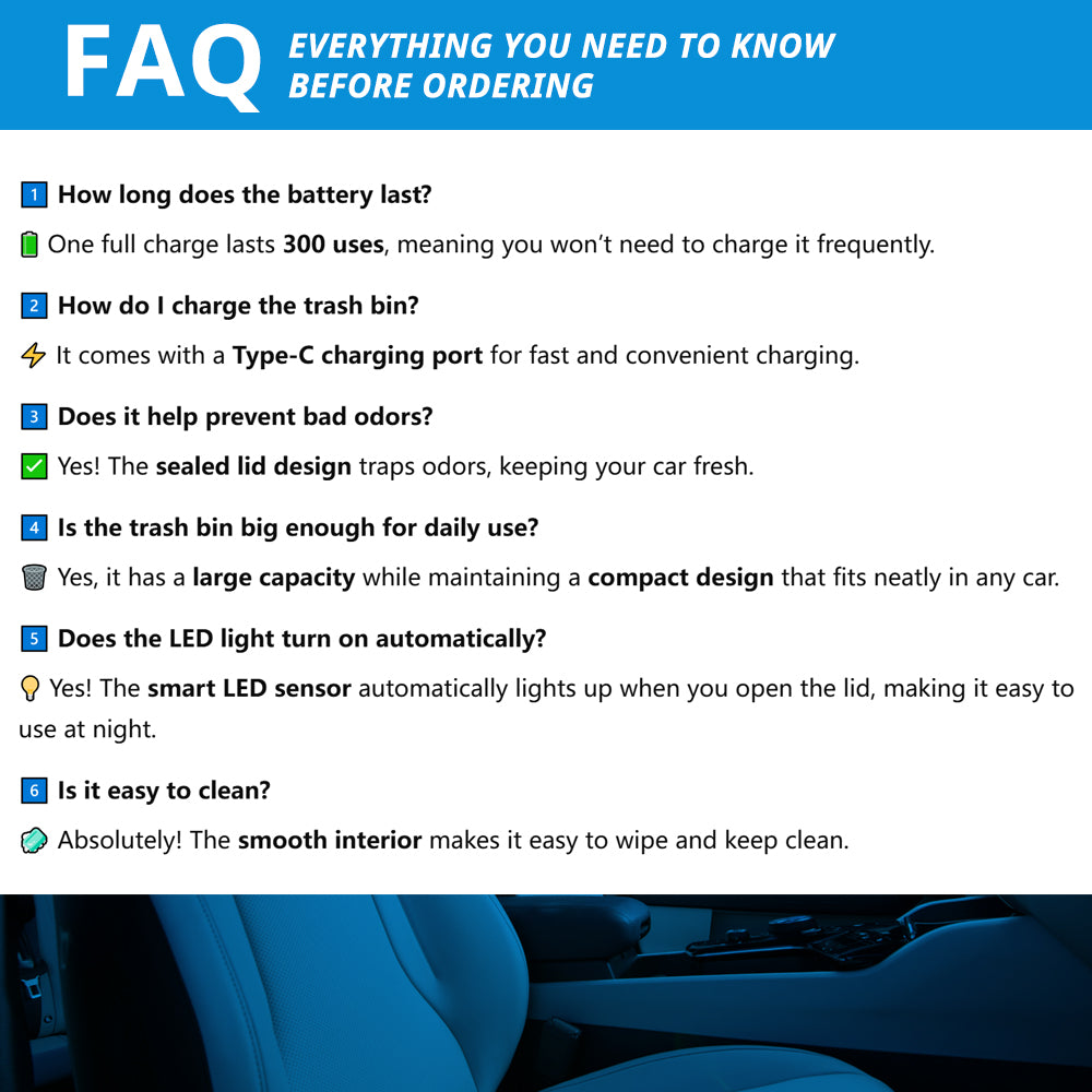 FAQ guide for LED car trash bins covering charging, touch light, trash bag storage, and interior installation.