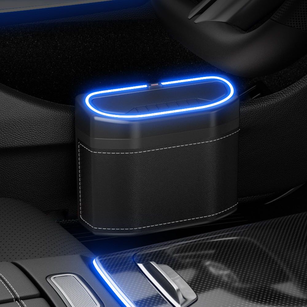 LED car trash bin installed in a vehicle interior with blue light trim for cleaner nighttime cabin organization.