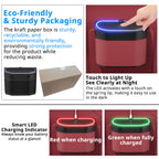 LED car trash bin packaging and charge indicator guide with red charging light and green full-charge light.