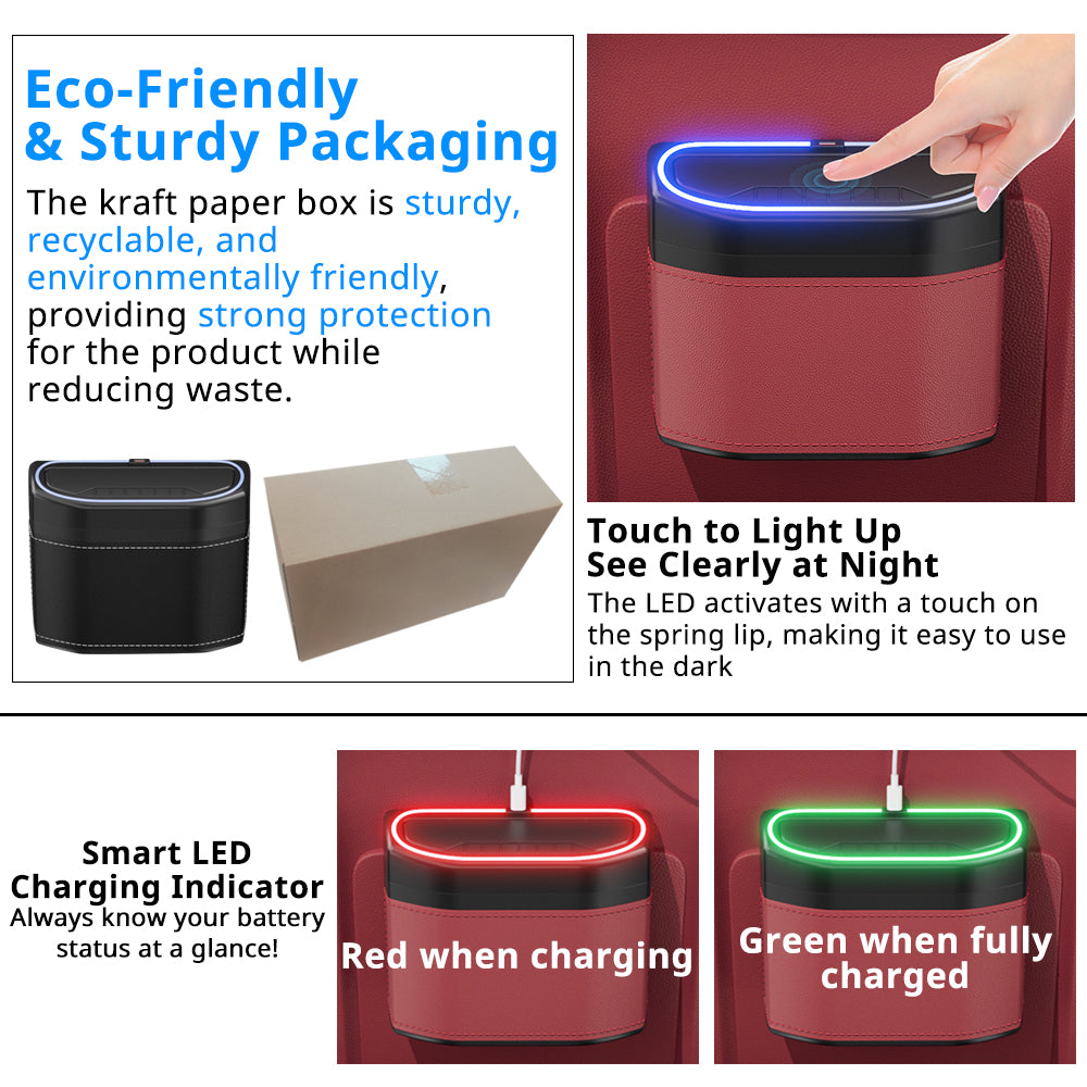 LED car trash bin packaging and charge indicator guide with red charging light and green full-charge light.