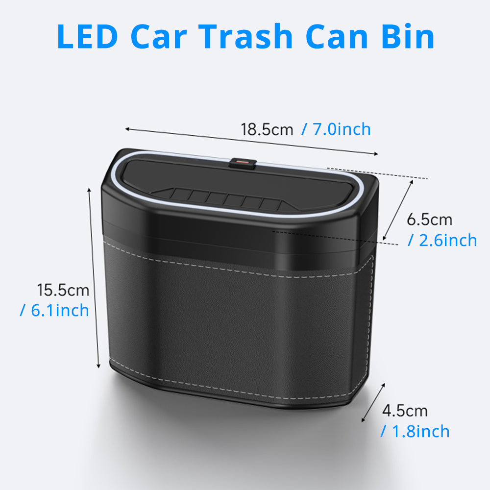 LED car trash bin size details with 7.3-inch width, 6.1-inch height, and compact cabin storage shape.