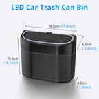 LED car trash bin size details with 7.3-inch width, 6.1-inch height, and compact cabin storage shape.