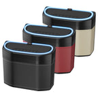 LED car trash bin in black, burgundy, and beige color options for matching different car interiors.