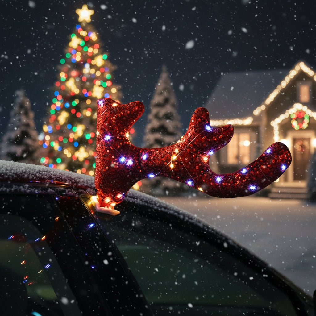 LED Christmas car antlers installed on a vehicle roof for festive holiday lighting and Rudolph-style decoration.