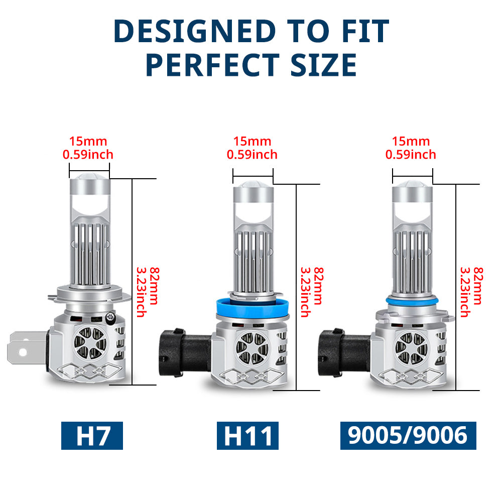 LED headlight bulb size comparison for H7, H11, and 9005/9006 sockets with compact body dimensions for fitment checks.