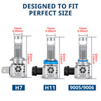 LED headlight bulb size comparison for H7, H11, and 9005/9006 sockets with compact body dimensions for fitment checks.