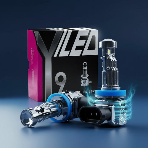 2-piece LED headlight bulb upgrade kit with fan-cooled bulbs for brighter halogen replacement and night driving visibility.