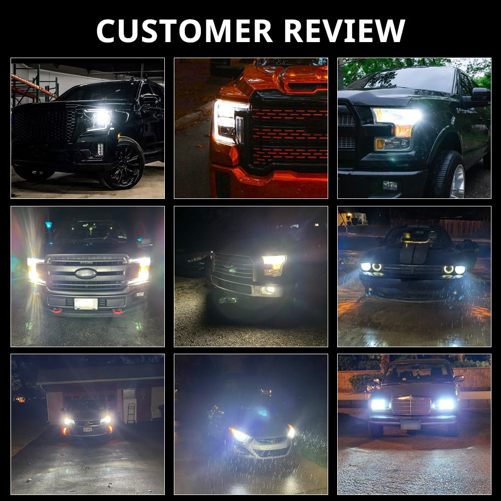 LED headlight bulbs installed on different vehicles with bright white nighttime road lighting in real driving scenes.