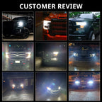 LED headlight bulbs installed on different vehicles with bright white nighttime road lighting in real driving scenes.