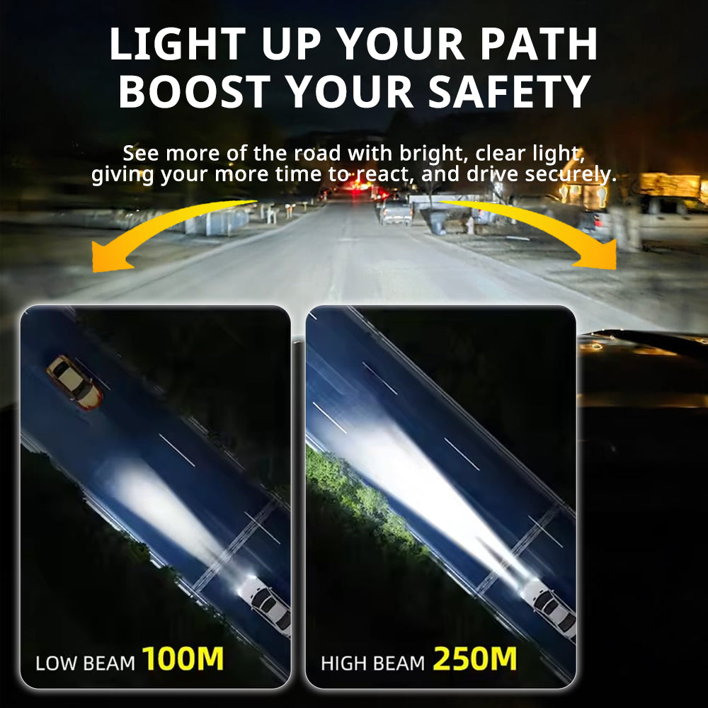 LED headlight bulbs extending low-beam and high-beam visibility for a clearer forward road view at night.