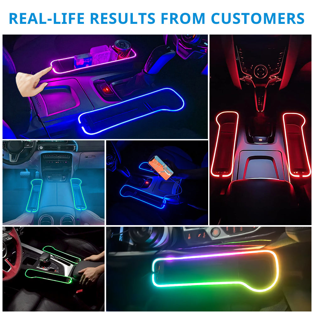 LED seat gap organizers installed in different cars with colorful console glow and extra storage beside the seats.
