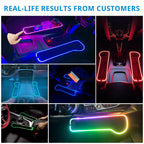 LED seat gap organizers installed in different cars with colorful console glow and extra storage beside the seats.