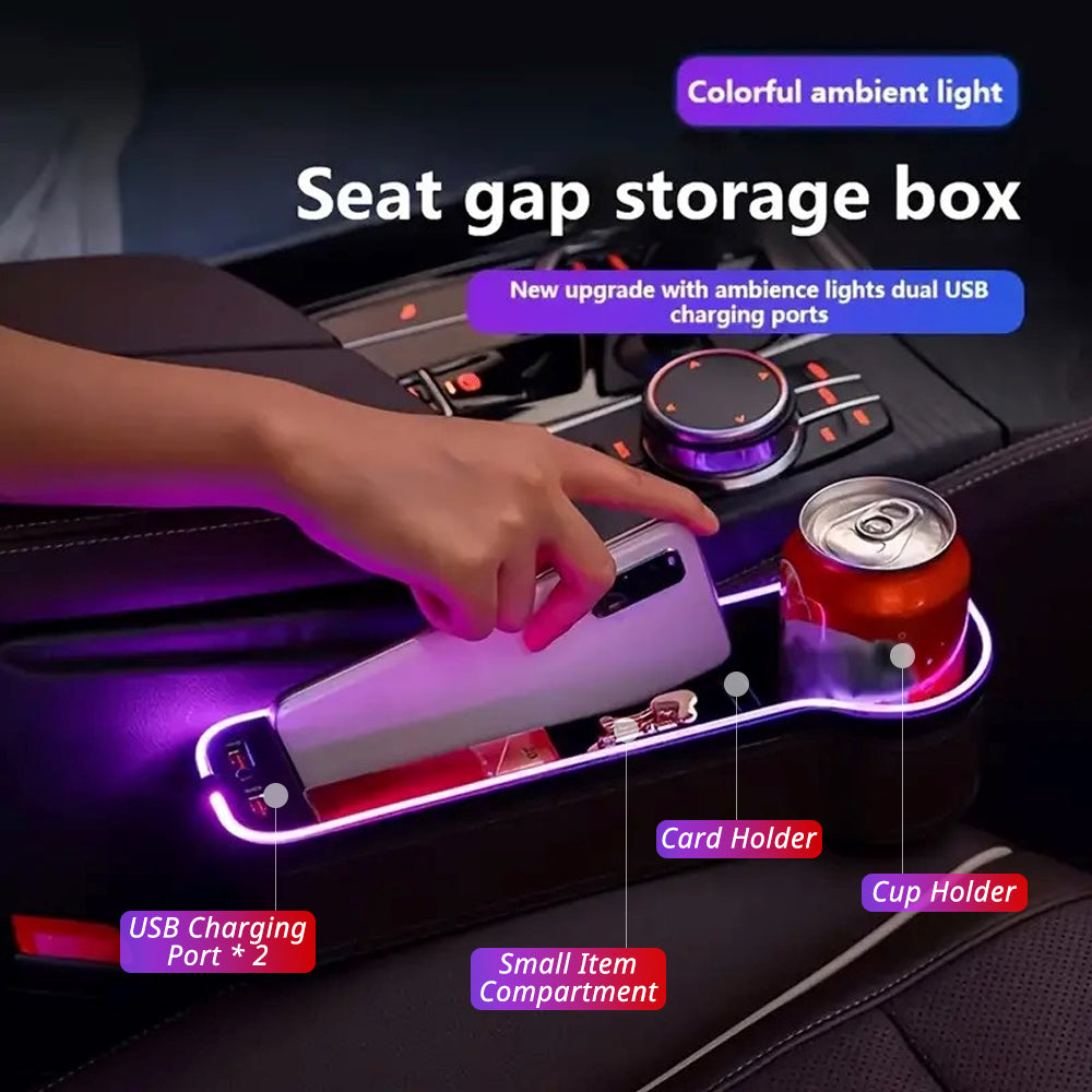 LED seat gap storage box holds a phone, cup, and small daily items while adding colorful ambient light beside the seat.