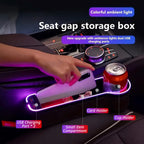 LED seat gap storage box holds a phone, cup, and small daily items while adding colorful ambient light beside the seat.