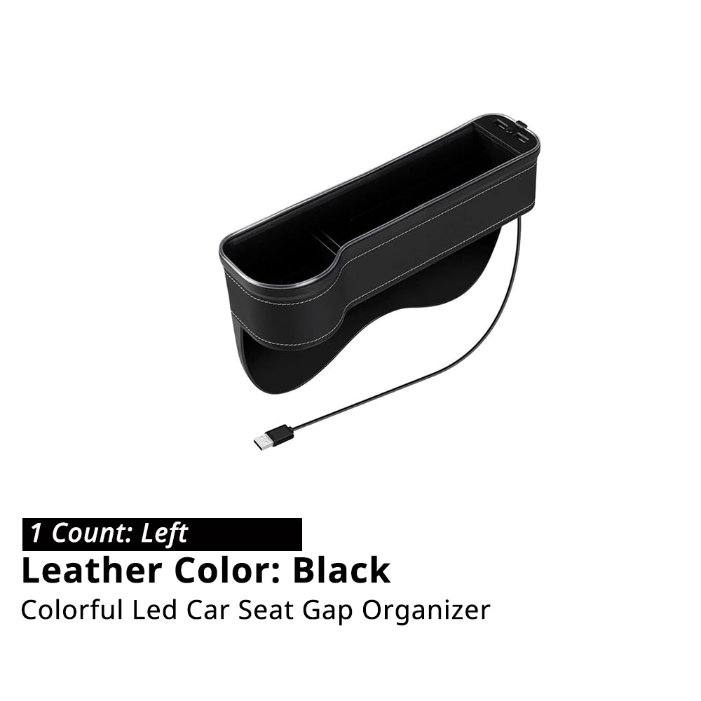 Left-side black car seat gap organizer with USB cable for filling the console gap and holding small items.