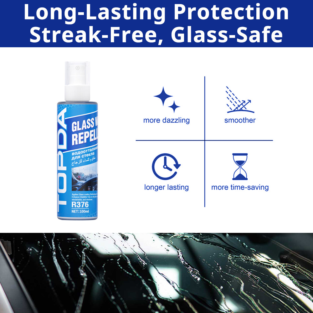 Long-lasting car glass water repellent helps reduce rain streaks, road spray, and wet-weather visibility problems.
