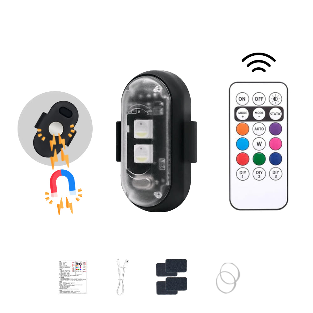Magnetic RGB ambient lights with remote control, mounting accessories, and colorful mini lights for cars and small spaces.