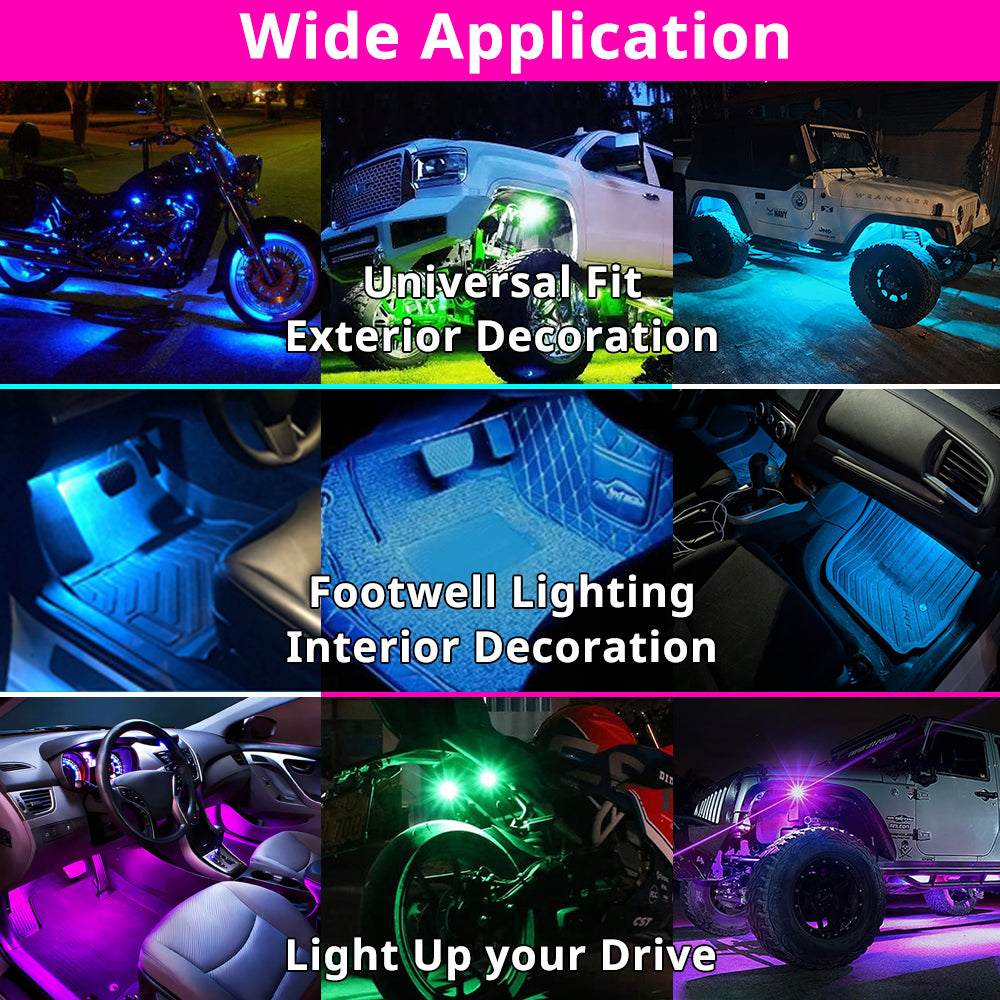 Wireless RGB strobe lights add color accents for footwells, bikes, scooters, motorcycles, and parked vehicle styling.