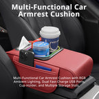 Multifunctional car armrest cushion with cup holder, tissue slot, phone storage, and RGB ambient light ring.