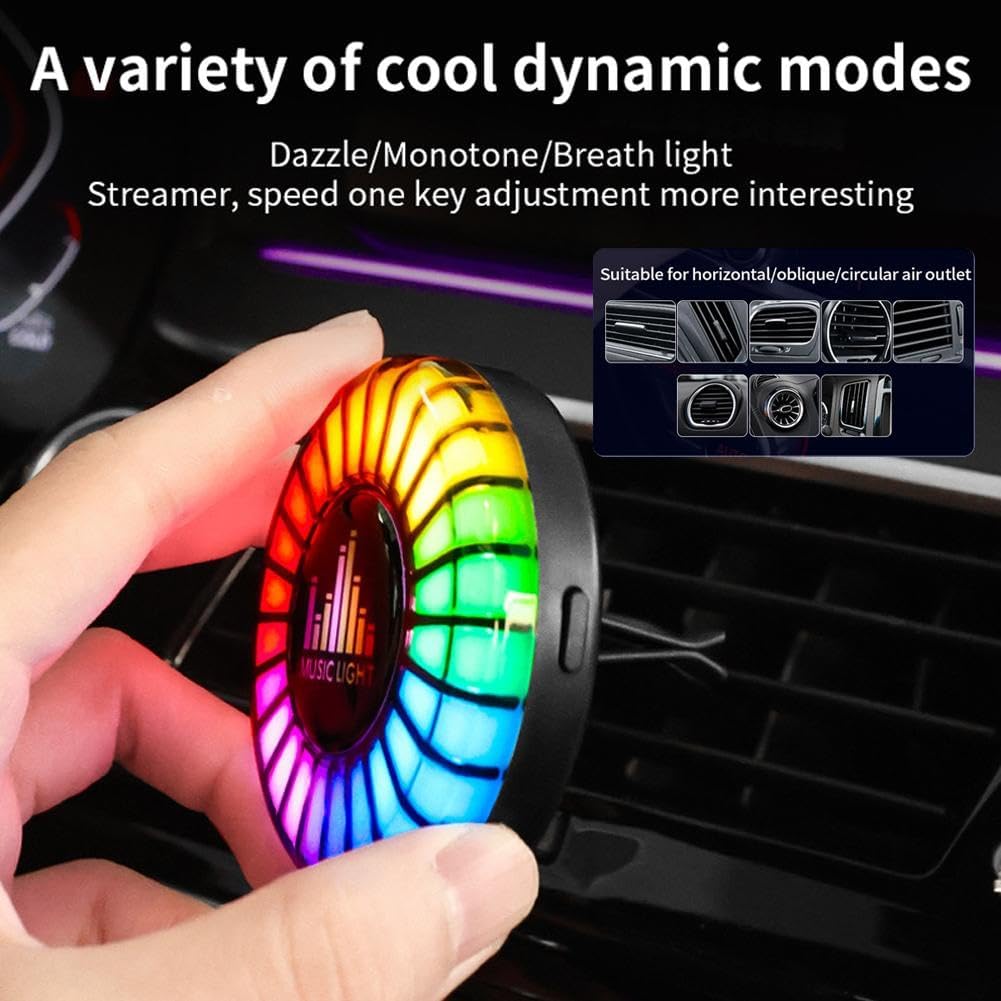Music-sync air freshener with colorful dynamic light modes for a brighter dashboard mood during night drives.