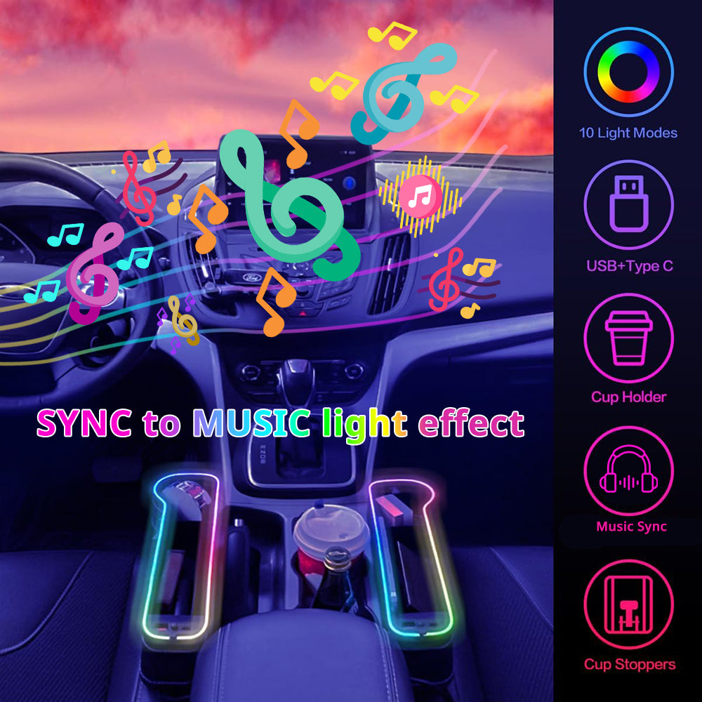 Music-sync LED seat gap organizer adds colorful cabin light effects around the center console and front seats.