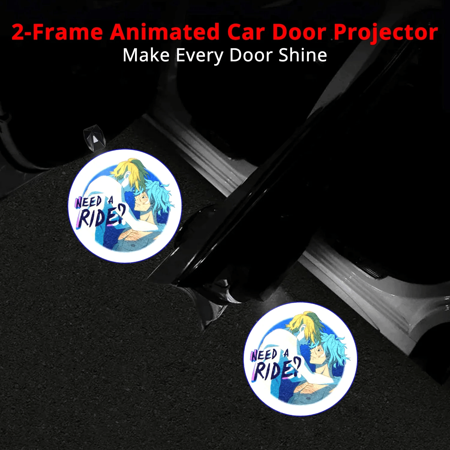 Need a Ride artwork by Ashersmut creates a 2-frame welcome glow from rechargeable car door projector lights.