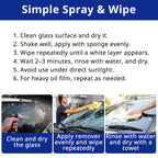 Oil film remover spray-and-wipe steps for cleaning dry glass, waiting briefly, rinsing, and drying with a towel.