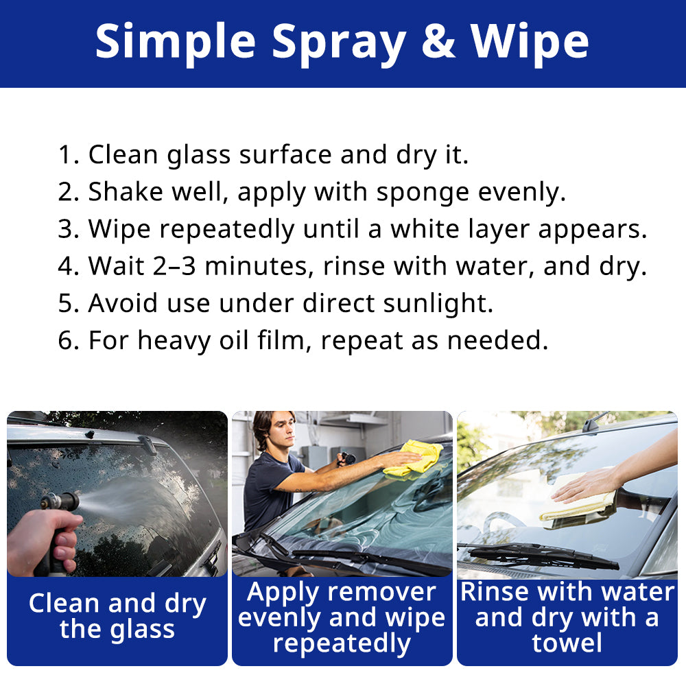 Oil film remover spray-and-wipe steps for cleaning dry glass, waiting briefly, rinsing, and drying with a towel.