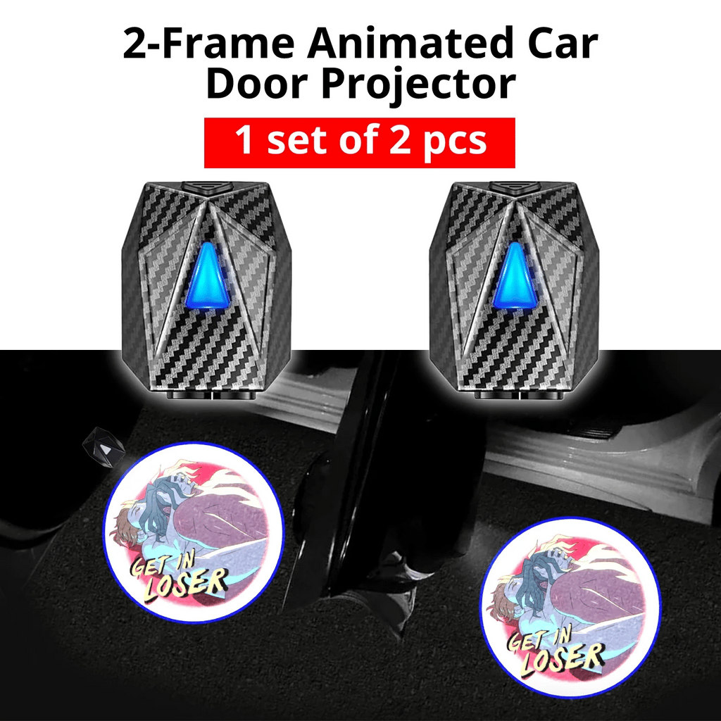 Option 1 Get In Loser artwork by Ashersmut includes one set of 2 rechargeable car door projector lights.