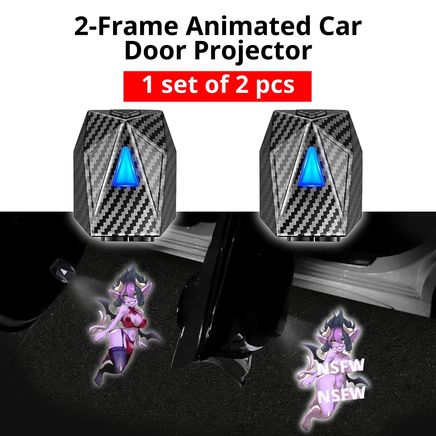 Option 1 18+ artwork by Nay includes one set of 2 rechargeable car door projector lights.