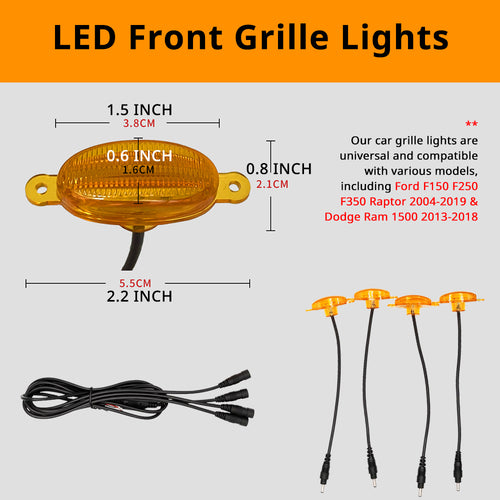 Oval amber grille light size detail with wiring layout for checking grille opening, spacing, and installation clearance.