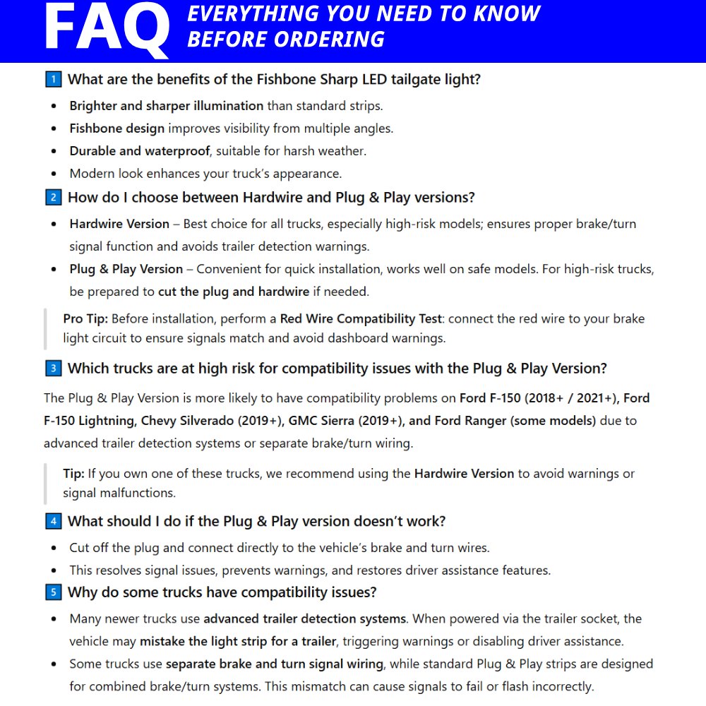 Pickup tailgate light bar compatibility notes comparing hardwire and plug-and-play versions for newer truck wiring systems.