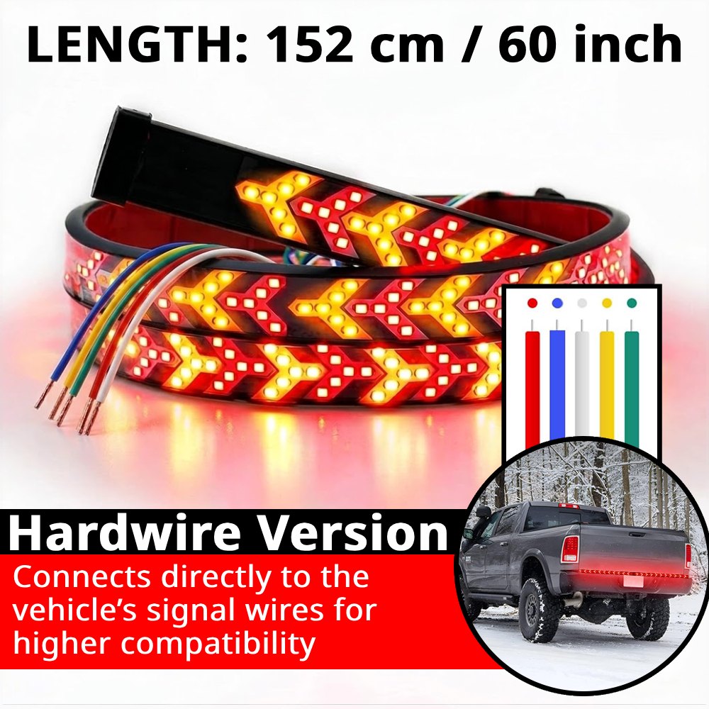 Hardwire pickup tailgate light bar version with 60-inch fishbone LED strip and direct signal-wire connection layout.