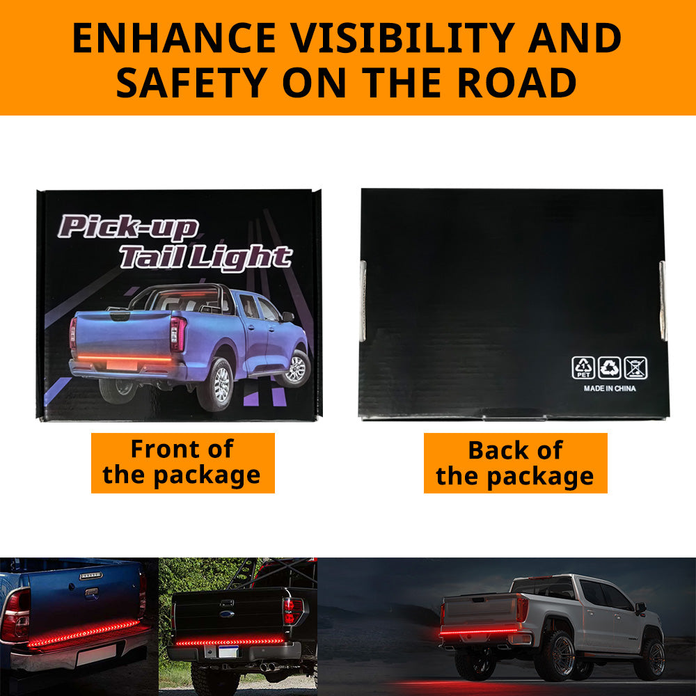 Pickup tailgate light bar package with front and back box views plus rear signal lighting scenes for road visibility.