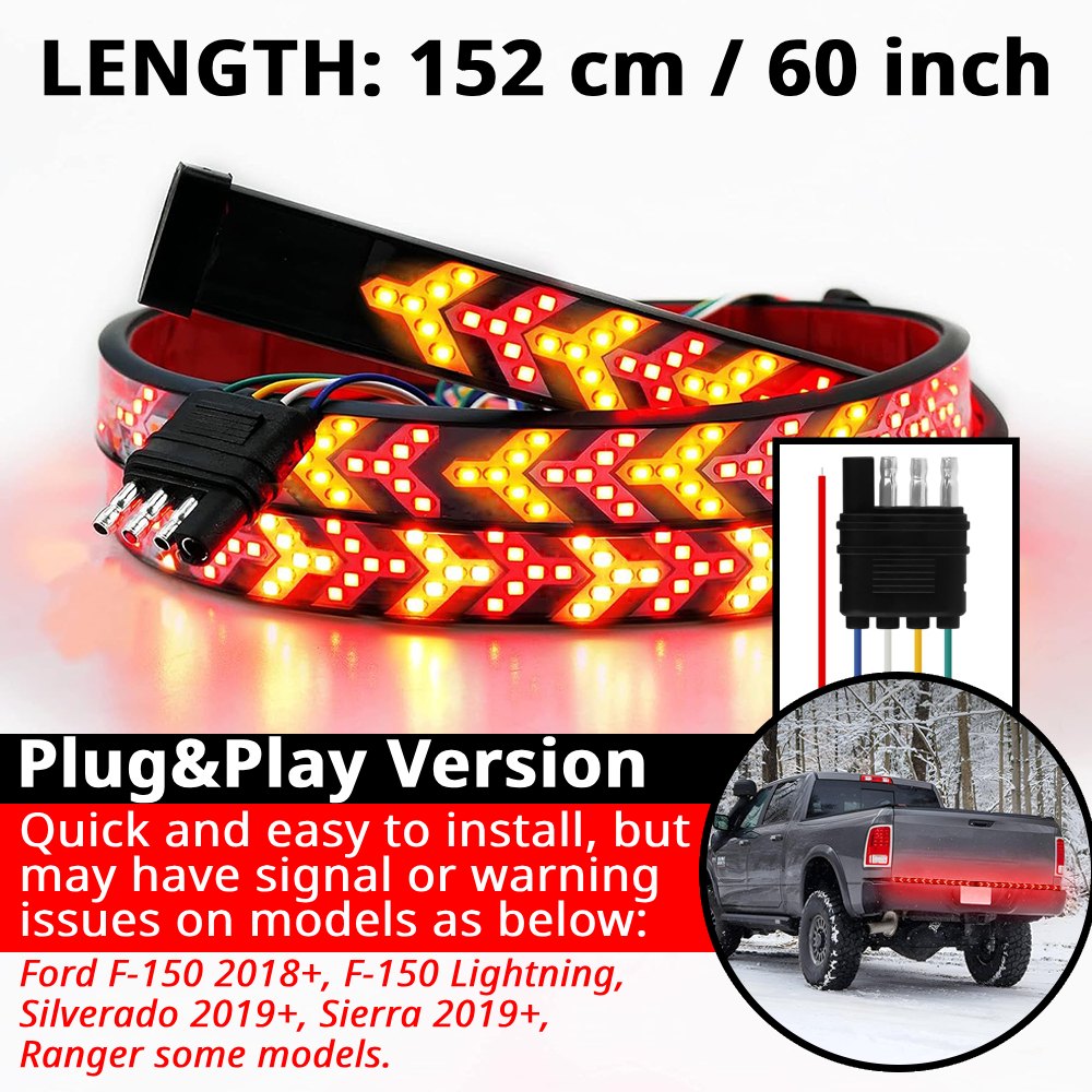 Plug-and-play pickup tailgate light bar version with 60-inch fishbone LED strip and connector for quick truck installation.