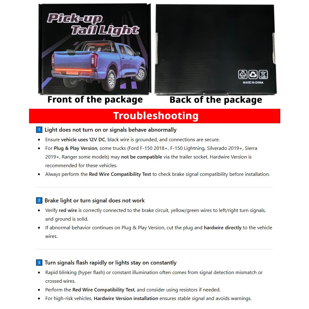 Pickup tailgate light bar troubleshooting guide for signal behavior, red wire testing, and plug-and-play compatibility checks.