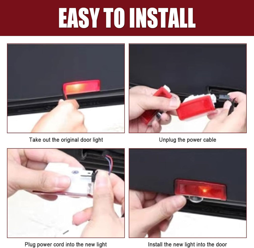 Plug-and-play puddle logo projector installation replaces the compatible door light without cutting wires.