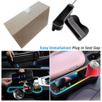 Plug-in car seat gap organizer slides beside the console and connects by USB for light-up storage.
