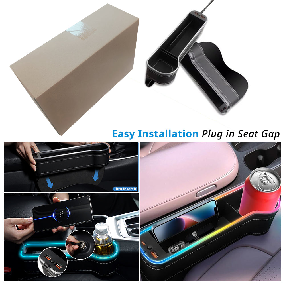 Plug-in car seat gap organizer slides beside the console and connects by USB for light-up storage.