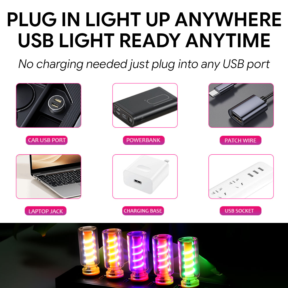 Plug-in USB LED ambient lamp works with car USB ports, laptops, power banks, adapters, and other USB power sources.