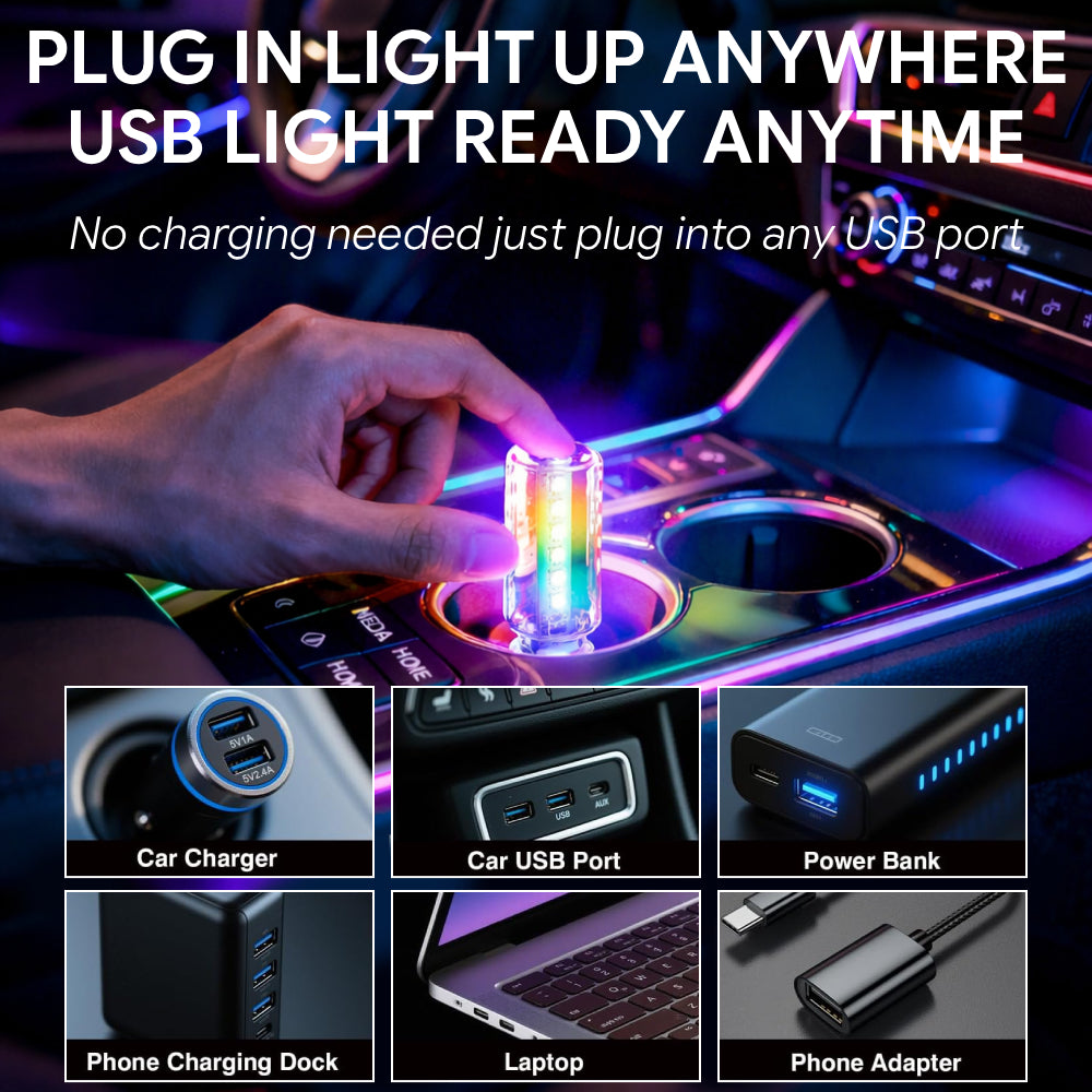 Plug-in USB mood light works from car USB ports, laptops, power banks, phone adapters, and charging blocks.