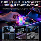 Plug-in USB mood light works from car USB ports, laptops, power banks, phone adapters, and charging blocks.