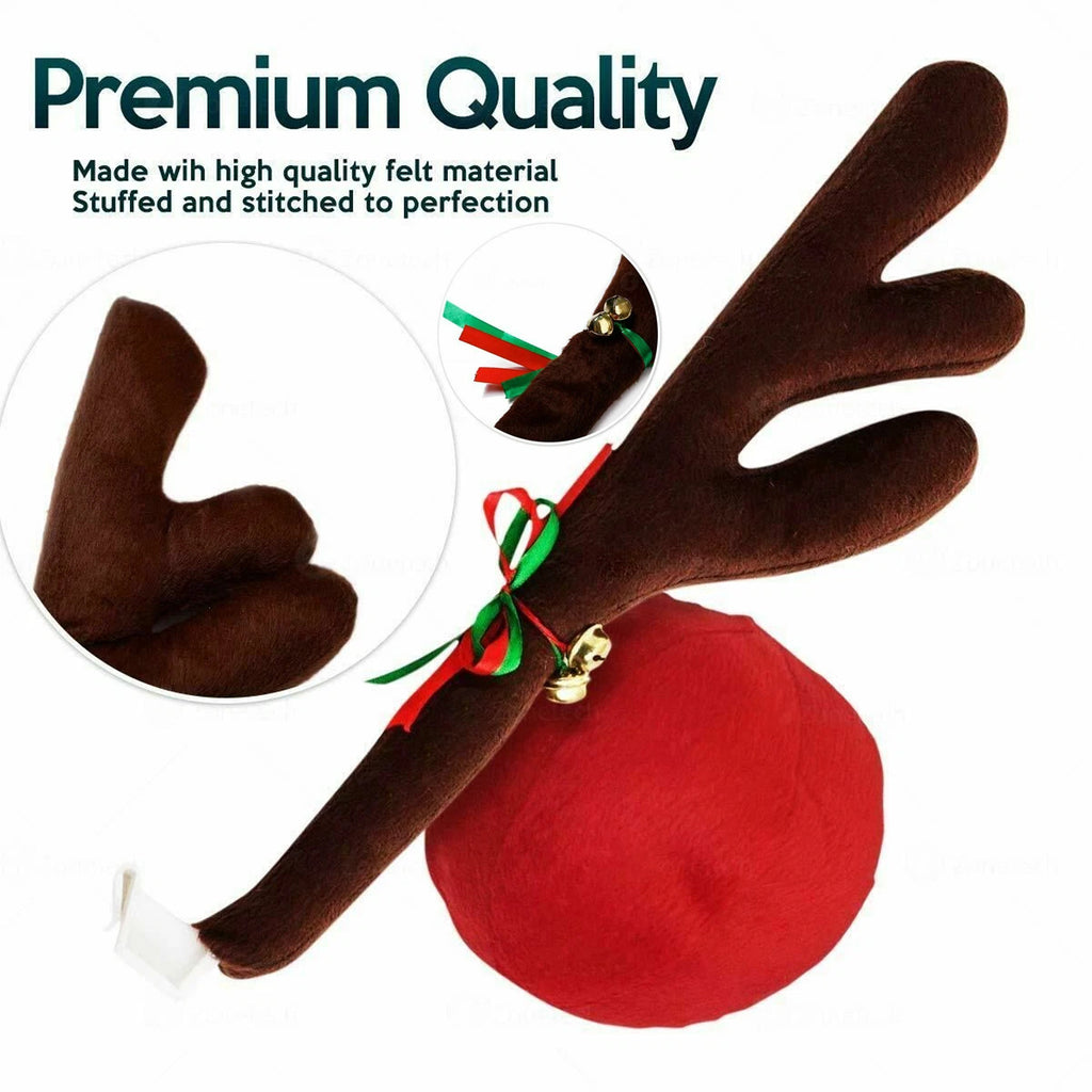Soft plush reindeer car antlers with stitched details and bright ribbon accents for seasonal vehicle styling.
