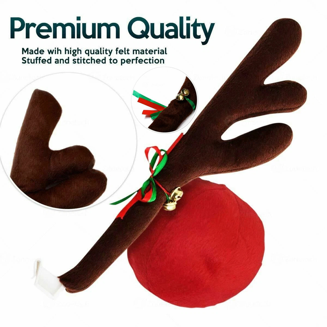 Soft plush reindeer car antlers with stitched details and bright ribbon accents for seasonal vehicle styling.