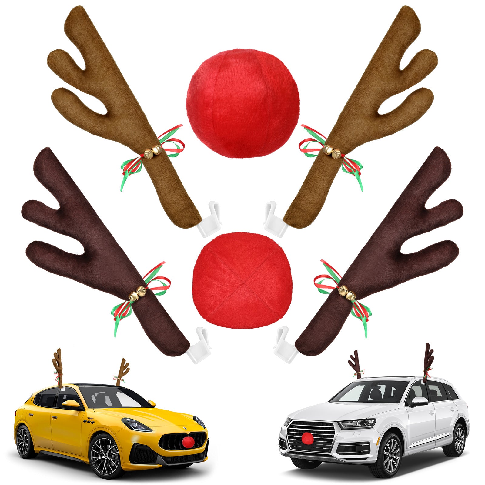 Plush Rudolph car antlers and red nose kit for turning your car, SUV, or truck into a festive Christmas ride.