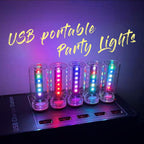 Portable USB RGB party lights plugged into a multi-port adapter for colorful tabletop mood lighting.