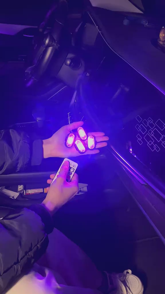 Video preview for RGB rechargeable footwell lights with remote control, colorful cabin glow, and flexible interior accent lighting.