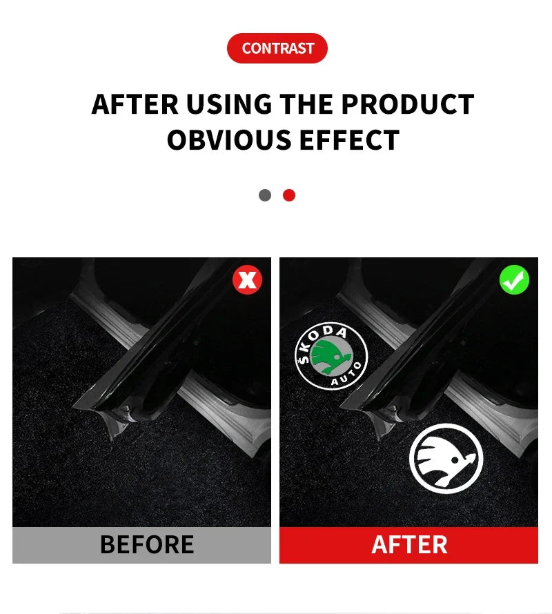 Puddle logo projector before-and-after comparison shows a brighter, cleaner door welcome lighting effect.