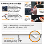 Rear trunk LED strip connection guide with cigarette lighter plug and T-tape wire connector installation options.