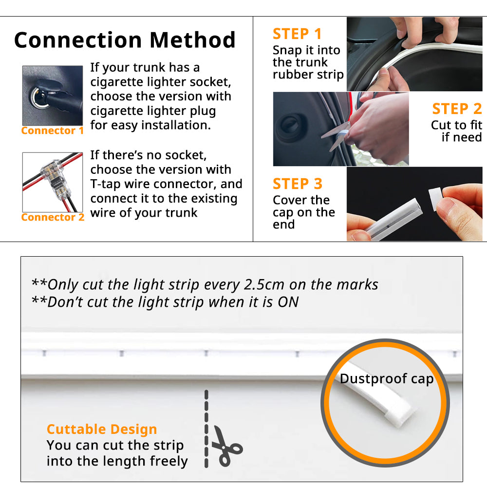 Rear trunk LED strip connection guide with cigarette lighter plug and T-tape wire connector installation options.